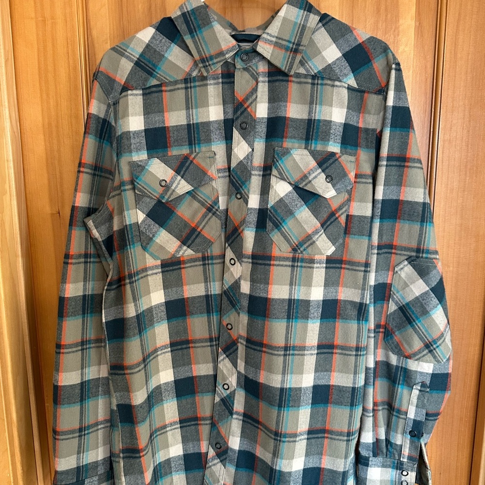 L.L. Bean Men's Blue, Orange, and Gray Plaid Snap Down Shirt